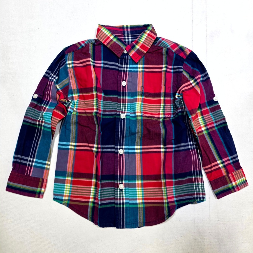 Janie and Jack Button Down Shirt Boys 2T Red Plaid Long Sleeve Pocket Top 8807